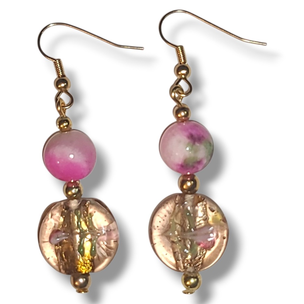 Lampwork Glass Gold Foil Pink Green Bead Dangle Earrings Gold Tone Handmade